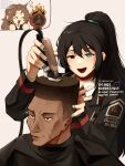  1girl 1other 2boys black_coat black_eyes black_hair black_shirt blue_eyes blue_hairband brown_hair choso_giving_toudou_a_haircut_(meme) clock closed_eyes coat collared_shirt cutting_hair dante_(limbus_company) dark-skinned_male dark_skin electric_razor english_commentary english_text fade_(haircut) fire hairband heathcliff_(project_moon) heterochromia high_ponytail highres hong_lu_(project_moon) limbus_company long_hair makeup_brush meme mipoyos multiple_boys necktie object_head parted_bangs project_moon red_coat red_necktie rodion_(project_moon) scar scar_on_face shirt sparkle sweat sweatdrop twitter_username violet_eyes white_shirt 