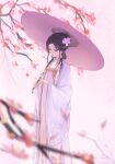  1girl banana_wizard black_hair blurry branch bug butterfly cherry_blossoms chinese_clothes earrings flower hair_flower hair_ornament hanfu highres holding holding_umbrella jewelry long_hair long_sleeves looking_down oil-paper_umbrella original outdoors pink_flower qixiong_ruqun ruqun solo standing umbrella wide_sleeves 