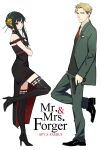 1boy 1girl absurdres black_dress black_footwear blonde_hair dress earrings gold_earrings gold_hairband green_hair green_suit green_vest hairband highres husband_and_wife jewelry kaoru_(alicemakoto) long_hair mr._and_mrs._smith necktie parody red_eyes red_necktie red_tie short_hair sidelocks spy_x_family suit twilight_(spy_x_family) two-sided_dress two-sided_fabric very_short_hair vest yor_briar