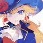  1girl ascot blonde_hair blue_eyes blue_hat blue_jacket closed_mouth earrings eyelashes flower hanaon hat hat_flower jacket jewelry long_hair looking_at_viewer official_alternate_costume princess_peach princess_peach:_showtime! rose solo sphere_earrings super_mario_bros. swordfighter_peach upper_body white_ascot white_background 