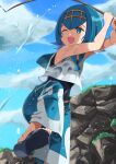  1girl ;d absurdres arms_up black_footwear blue_eyes blue_hair blue_pants bright_pupils clouds commentary_request coralreef966 day fishing fishing_rod hairband highres holding holding_fishing_rod lana_(pokemon) leg_up one_eye_closed open_mouth outdoors pants pokemon pokemon_sm sandals shirt short_hair sky sleeveless sleeveless_shirt smile solo swimsuit swimsuit_under_clothes toes white_shirt yellow_hairband 