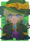  1girl absurdres blush_stickers bow bright_pupils capelet closed_mouth commentary cookie_(touhou) cosplay elbow_gloves english_commentary eyeball gloves green_capelet green_gloves green_hair green_hat hands_on_own_cheeks hands_on_own_face hat hat_bow highres kirisame_marisa koishi_day komeiji_koishi komeiji_koishi_(cosplay) looking_at_viewer medium_bangs meguru_(cookie) nonpik_aku short_hair smile solo thick_eyebrows third_eye touhou upper_body white_pupils witch_hat yellow_bow 