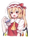  ascot blonde_hair blush chibi crystal_wings fang flandre_scarlet hat hat_ribbon highres open_mouth puffy_short_sleeves puffy_sleeves red_eyes red_ribbon remilia_scarlet ribbon short_sleeves side_ponytail simple_background soooooook2 touhou white_background white_mob_cap yellow_ascot 