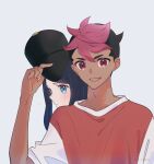  1boy 1girl :d aqua_eyes black_hair black_hat closed_mouth commentary_request dark-skinned_male dark_skin eyelashes hand_up hat highres holding holding_clothes holding_hat liko_(pokemon) looking_at_viewer multicolored_hair notice_lines open_mouth pokemon pokemon_(anime) pokemon_horizons rei_hinketsu roy_(pokemon) shirt short_sleeves smile t-shirt two-tone_hair upper_body white_background 