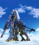  1boy back-to-back blue_sky cannon clouds coat gachico gain_bijou gloves gun holding holding_gun holding_weapon king_gainer mecha nakada_eiji overman_king_gainer robot sky snow weapon winter_clothes winter_coat 