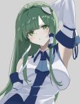  1girl :/ arm_at_side arm_up armpits bare_shoulders blue_ribbon blunt_bangs blush breasts closed_mouth collared_shirt commentary detached_sleeves eyelashes frog_hair_ornament frown green_eyes green_hair grey_background hair_intakes hair_ornament highres kochiya_sanae large_breasts long_hair long_sleeves looking_at_viewer mino_(minori) nontraditional_miko presenting_armpit ribbon shirt sidelocks simple_background sleeve_ribbon snake_hair_ornament solo straight_hair sweatdrop symbol-only_commentary touhou tsurime upper_body v-shaped_eyebrows very_long_hair white_shirt wide_sleeves 