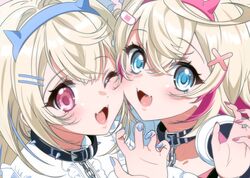  2girls animal_ear_fluff animal_ears bandaid bandaid_hair_ornament belt_collar black_collar blonde_hair blue_hair blue_nails blush collar dog_ears fangs fuwawa_abyssgard fuwawa_abyssgard_(1st_costume) hair_ornament hairpin headphones headphones_around_neck hololive hololive_english long_hair looking_at_viewer mococo_abyssgard mococo_abyssgard_(1st_costume) multicolored_hair multiple_girls nail_polish one_eye_closed open_mouth pink_hair pink_nails short_hair shulliy_baudelair siblings sisters skin_fangs smile spiked_collar spikes streaked_hair twins virtual_youtuber x_hair_ornament 