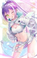  1girl absurdres badge bandeau blush braid breasts buckle button_badge colored_inner_hair demon_tail ear_piercing fangs gloves goggles goggles_on_head green_eyes hair_ornament hairclip hands_on_own_hips highres hip_tattoo hololive hooded_shrug infy leaning_forward long_hair long_sleeves looking_at_viewer melting_tail multicolored_hair navel navel_piercing one_eye_closed open_mouth piercing pink_hair ponytail purple_hair ribbed_bandeau ribbon see-through see-through_sleeves shorts signature single_braid smile snap-fit_buckle snow_goggles solo strapless streaked_hair tail thighs tokoyami_towa tokoyami_towa_(5th_costume) tube_top two-sided_gloves virtual_youtuber white_bandeau white_gloves white_hair white_shorts white_shrug white_tail white_tube_top winged_heart_tattoo wings 