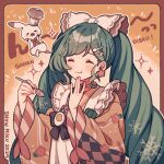  1girl 2024 :t amagi_hana animal apron blue_hair blush border bow butter character_name checkered_clothes checkered_kimono chef_hat chewing closed_eyes commentary diamond_(shape) dot_nose facing_viewer food fork_hair_ornament frilled_apron frills hair_bow hand_on_own_chin hardboiled_egg hat hatsune_miku highres holding holding_spoon japanese_clothes kimono long_hair long_sleeves maid orange_kimono outside_border rabbit rabbit_yukine red_border romaji_text sidelocks solo spoon spoon_hair_ornament swept_bangs twintails upper_body very_long_hair vocaloid wa_maid white_apron white_bow wide_sleeves yuki_miku yuki_miku_(2024) 