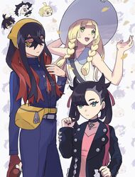  3boys 3girls black_choker black_hair black_jacket blonde_hair blue_jacket blue_pants braid carmine_(pokemon) choker closed_mouth commentary crossed_bangs dress gladion_(pokemon) gloves green_eyes hair_between_eyes hat highres holding holding_poke_ball iruzu_(pixiv27236115) jacket kieran_(pokemon) lillie_(pokemon) long_hair marnie_(pokemon) multicolored_hair multiple_boys multiple_girls open_clothes open_jacket open_mouth pants piers_(pokemon) poke_ball poke_ball_(basic) pokemon pokemon_sm pokemon_sv pokemon_swsh red_gloves redhead side_braids single_glove sleeveless sleeveless_dress symbol-only_commentary white_hair yellow_bag 