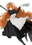  1girl apron arm_up black_footwear boots broom ff_nami full_body gloves highres holding holding_broom holding_knife ishmael_(project_moon) juliet_sleeves knife limbus_company long_hair long_sleeves maid maid_headdress orange_eyes orange_hair project_moon puffy_sleeves sidelocks simple_background solo very_long_hair white_apron white_background white_gloves 