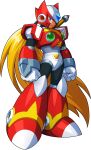  1boy absurdres armor blonde_hair blue_eyes chest_jewel clenched_hands forehead_jewel full_body helmet hi-go! highres long_hair looking_at_viewer male_focus mega_man_(series) mega_man_x_(series) ponytail red_armor red_footwear red_helmet serious shoulder_armor simple_background solo white_background z_saber zero_(mega_man) 