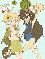  1boy 1girl aged_down antenna_hair arms_up aubrey_(faraway)_(omori) aubrey_(omori) barefoot basil_(faraway)_(omori) basil_(omori) black_eyes black_hair blonde_hair blue_eyes blue_one-piece_swimsuit bow bright_pupils closed_eyes collarbone flower food foot_out_of_frame fruit green_swim_trunks hair_bow hair_flower hair_ornament highres holding holding_stick holding_watermelon looking_at_another looking_at_viewer male_swimwear navel omori one-piece_swimsuit open_mouth pink_bow short_hair standing standing_on_one_leg stick suikawari swim_trunks swimsuit tate_ware_anal teeth topless_male upper_teeth_only watermelon watermelon_slice white_pupils 