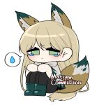  1girl animal_ears black_pants blonde_hair blush boots chibi cloak closed_mouth commission commissioner_insert crying fox_ears fox_tail green_eyes green_footwear highres hood hood_down hooded_cloak limbus_company long_hair looking_at_viewer matiyan923 original pants project_moon rubber_boots simple_background solo tail very_long_hair white_background white_cloak white_raincoat 