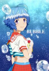  1girl ahoge blue_hair bubble bubble_(anime) highres sailor_collar school_uniform serafuku shirt short_hair short_sleeves skirt smile solo striped_clothes striped_shirt uemiko6 uta_(bubble) violet_eyes 