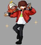  1boy black_footwear black_pants boots brown_hair colored_tips commentary_request fuecoco full_body grey_background hands_up highres holding holding_poke_ball jacket jiz_(pffbq) kiyo_(youtuber) long_sleeves looking_at_viewer male_focus multicolored_hair open_mouth pants pixel_art poke_ball pokemon pokemon_(creature) real_life red_jacket redhead shirt simple_background sparkle standing standing_on_one_leg v white_shirt 