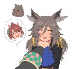 2girls ^_^ ahoge animal animal_ears ascot black_jacket blue_ascot blush breasts brown_eyes brown_hair closed_eyes closed_mouth commentary dantsu_flame_(umamusume) ear_covers epaulettes facing_viewer fukuro_(maruaru00) grey_hair hair_between_eyes hair_ornament hand_on_another&#039;s_chin head_rest highres horse_ears horse_girl jacket large_breasts long_hair long_sleeves medium_hair multicolored_hair multiple_girls open_mouth perry_steam_(umamusume) simple_background smile tongue tongue_out umamusume umamusume:_beginning_of_a_new_era upper_body white_background 