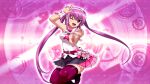  1girl bare_shoulders beatmania_iidx breasts goli_matsumoto hair_between_eyes long_hair medium_breasts mizushiro_celica non-web_source official_art one_eye_closed pink_eyes pink_hair pointing pointing_at_viewer purple_thighhighs skirt smile solo teeth thigh-highs twintails upper_teeth_only 