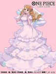  1girl bridal_veil brown_eyes brown_hair charlotte_pudding dress ekusiun flower hair_flower hair_ornament hands_up long_hair one_piece one_piece_card_game open_mouth pink_background simple_background solo teeth upper_teeth_only veil wedding_dress white_dress 