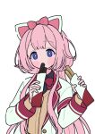  1girl animal_ears black_shirt blazer blue_eyes blush_stickers bow brown_cardigan cardigan cat_ears collared_shirt covered_mouth fake_animal_ears food food_request holding jacket long_hair long_sleeves neki_(wakiko) nijisanji open_clothes open_jacket pink_bow pink_hair red_bow shirt solo suo_sango transparent_background upper_body very_long_hair virtual_youtuber white_jacket 