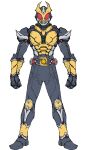 1boy absurdres agito_(ground_form) altering_(agito) armor belt black_bodysuit bodysuit breastplate clenched_hand compound_eyes driver_(kamen_rider) full_armor full_body gauntlets gloves gold_armor gold_horns heisei helmet highres horns kamen_rider kamen_rider_agito kamen_rider_agito_(series) looking_at_viewer male_focus mask red_eyes rider_belt shoulder_armor simple_background solo spiked_armor standing tokusatsu zd19990214