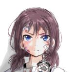  1girl bandaged_hand bandages bandaid bandaid_on_face blood blood_on_face blue_eyes brown_hair bruise girls_band_cry holding holding_microphone injury iseri_nina looking_at_viewer low_twintails lowres microphone portrait raya_(yuri15923) short_hair short_twintails simple_background solo twintails white_background 