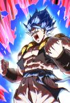  1boy abs aura black_vest blue_eyes blue_hair blue_sash clenched_hands cropped_vest dragon_ball dragon_ball_heroes dragon_ball_super dragon_ball_super_broly gogeta highres kaiouken male_focus medium_hair metamoran_vest muscular muscular_male open_mouth pants powering_up sash screaming solo spiky_hair super_saiyan super_saiyan_blue super_saiyan_blue_evolved teeth tkht_9315 vest white_pants 