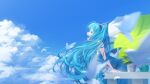  1191174237 1girl bird blue_dress blue_hair blue_sky closed_eyes clouds cloudy_sky day dress english_commentary frown hair_ornament hatsune_miku leaning_forward long_hair looking_at_viewer outdoors plant potted_plant sky sleeveless sleeveless_dress solo standing teeth twintails upper_teeth_only very_long_hair vocaloid 