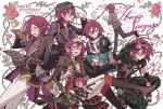  1boy :d ahoge arm_up bad_id bad_pixiv_id black_hat black_jacket black_shirt blue_eyes camouflage camouflage_pants camouflage_shirt character_name cherry closed_mouth crown dated ensemble_stars! floral_background food fruit glasses gloves goggles goggles_on_head gold_trim gun hair_between_eyes happy_birthday hat highres holding holding_gun holding_paper holding_weapon jacket long_sleeves looking_at_viewer male_focus meremero multiple_views open_mouth pants paper paper_stack plant profile pudding purple_hair rifle saegusa_ibara salute school_uniform shirt short_hair shuetsu_school_uniform sitting smile standing thorns vines weapon white_gloves white_pants 