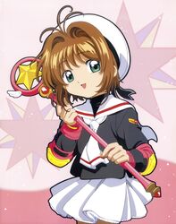  1girl absurdres brown_hair cardcaptor_sakura child fingerless_gloves gloves green_eyes hat highres holding holding_wand kinomoto_sakura looking_at_viewer official_art open_mouth sailor_collar school_hat school_uniform shirt short_hair solo star_(symbol) tomoeda_elementary_school_uniform wand white_hat white_sailor_collar white_shirt 