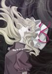 1girl abstract_background absurdres blouse closed_mouth commentary_request frilled_shirt_collar frilled_sleeves frills greyscale happy highres limited_palette long_hair looking_at_viewer maribel_hearn monochrome puffy_short_sleeves puffy_sleeves purple_ribbon ribbon shirt short_sleeves smile solo taboo_japan_disentanglement touhou upper_body uzumibi violet_eyes wavy_hair yakumo_yukari 