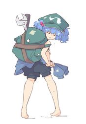  1girl backpack bag bare_shoulders barefoot blue_hair closed_eyes clothes_around_waist commentary flat_cap from_behind green_bag green_hat hair_bobbles hair_ornament hat highres jacket jacket_around_waist kawashiro_nitori key light_frown primsla shirt shorts sleeveless sleeveless_shirt solo touhou two_side_up wet wet_clothes white_background wrench wringing_clothes 