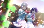  2girls :d :t aqua_neckerchief bench bite_mark black_choker blue_eyes blue_hair blue_ribbon bob_cut chewing choker collarbone colored_inner_hair dappled_sunlight dark_blue_hair day diagonal_bangs dollchestra dress dutch_angle eating feet_out_of_frame food fruit game_cg grey_hair hair_ornament hair_ribbon handkerchief hasu_no_sora_school_uniform highres holding holding_food holding_fruit inverted_bob link!_like!_love_live! long_hair looking_at_another love_live! low_twintails lunchbox medium_dress mole mole_on_neck multicolored_hair multiple_girls murano_sayaka neckerchief o-ring o-ring_choker official_art on_bench open_mouth park_bench pink_eyes plant pleated_dress red_neckerchief redhead ribbon sailor_collar sailor_dress school_uniform shadow short_hair short_sleeves sitting smile star_(symbol) star_hair_ornament streaked_hair summer_uniform sunlight teeth third-party_source twintails upper_teeth_only vines virtual_youtuber watermelon watermelon_slice white_dress white_sailor_collar wooden_bench yugiri_tsuzuri 