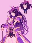  1990s_(style) 1girl armor armored_dress blue_skirt bow breasts chibi closed_mouth date_a_live excited gauntlets hair_bow highres large_breasts long_hair open_mouth pleated_skirt pochi_(askas_is_god) purple_armor purple_hair raizen_high_school_uniform retro_artstyle school_uniform shoulder_armor skirt v-shaped_eyebrows violet_eyes weapon yatogami_tooka 