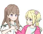  2girls :o aqua_hair blonde_hair blue_eyes blue_shirt blush brown_hair check_commentary closed_mouth commentary_request eye_contact flower fujishima_megumi gradient_hair hair_flower hair_ornament holding_hands jacket link!_like!_love_live! long_hair looking_at_another love_live! mira-cra_park! multicolored_hair multicolored_shirt multiple_girls off-shoulder_shirt off_shoulder open_clothes open_jacket osawa_rurino parted_bangs pink_flower pink_jacket pink_shirt shirt simple_background smile split_mouth tazaki_masanobu twintails two_side_up upper_body violet_eyes virtual_youtuber white_background white_flower white_shirt yellow_shirt 