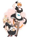  2boys :t ;d ahoge alternate_costume animal_ears apron arm_up artist_name back_bow back_cutout black_choker black_dress black_footwear black_gloves black_ribbon blonde_hair blue_eyes blush bow braid brown_thighhighs cat_boy cat_ears cat_tail chest_harness choker closed_mouth clothing_cutout collarbone commentary crossdressing crossed_bangs dangle_earrings dress e7lilyy earrings embarrassed english_commentary enmaided fangs feather_hair_ornament feathers frilled_apron frilled_sleeves frills from_behind genshin_impact gloves gun hair_between_eyes hair_ornament half_gloves handgun harness high_heels highres holding holding_whip holster jewelry kaveh_(genshin_impact) leg_up long_hair looking_at_viewer looking_back maid maid_headdress male_focus multiple_boys multiple_scars one_eye_closed open_mouth orange_hair pink_background pocket pout puffy_short_sleeves puffy_sleeves rabbit_boy rabbit_ears rabbit_hair_ornament rabbit_tail red_bow red_eyes ribbon scar scar_on_arm scar_on_leg shoes short_dress short_hair short_sleeves simple_background single_braid single_earring smile squatting standing standing_on_one_leg stuffed_animal stuffed_narwhal stuffed_toy tail tartaglia_(genshin_impact) tearing_up tears teeth thigh-highs thigh_holster thigh_strap twitter_username two-tone_background upper_teeth_only v-shaped_eyebrows waist_apron weapon whip white_apron white_background white_bow wrist_cuffs 