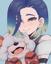  1girl animal armband bare_shoulders black_armband black_choker blue_hair blush bob_cut brown_eyes choker covered_eyes crop_top dog gradient_hair grey_fur grey_shirt hair_over_eyes half-closed_eyes highres hisuian_growlithe holding holding_animal holding_dog holding_pokemon horns loose_hair_strand multicolored_hair perrin_(pokemon) pokemon pokemon_(creature) pokemon_sv red_fur ribbed_shirt saturn-caramel shirt single_horn sleeveless sleeveless_shirt two-tone_fur undershirt upper_body 