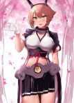  1girl black_skirt blush breasts brown_hair capelet cherry_blossoms cowboy_shot day flipped_hair gloves green_eyes hairband headgear highres jouzaburou_(joe3) kantai_collection large_breasts looking_at_viewer metal_belt midriff mutsu_(kancolle) mutsu_kai_ni_(kancolle) outdoors petals pleated_skirt sakuramon short_hair skirt smile solo white_gloves 