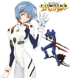  1girl ayanami_rei bodysuit breasts eva_00 hair_between_eyes highres lance_of_longinus_(evangelion) mecha neon_genesis_evangelion official_art pilot_suit plugsuit red_eyes robot science_fiction shadow simple_background white_background white_bodysuit 