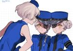  3girls blue_dress blue_hat blue_shirt caroline_(persona_5) double_bun dress elizabeth_(persona) eyepatch grey_hair hair_bun hat highres justine_(persona_5) looking_at_another m0rtalcoil0 multiple_girls necktie nervous peaked_cap persona persona_3 persona_5 shirt short_hair sketch smile sweatdrop upper_body 