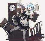  1girl absurdres analog_clock apron blue_eyes blue_hair blush breasts chair clock corset cup detached_collar detached_sleeves dress frilled_apron frills full_body grandfather_clock hair_ornament hair_over_one_eye hair_ribbon highres holding holding_tray looking_at_viewer maid maid_apron maid_headdress mary_janes medium_breasts nagishiro_mito open_mouth pink_ribbon re:zero_kara_hajimeru_isekai_seikatsu rem_(re:zero) ribbon roswaal_mansion_maid_uniform shoes short_hair simple_background smile solo teacup teapot thigh-highs tray waist_apron white_apron white_background x_hair_ornament 