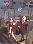  3girls aqua_neckerchief black_footwear black_gloves black_pantyhose blush brown_dress brown_footwear brown_hair chain-link_fence closed_mouth commentary_request day double_v dress fence fujishima_megumi full_body gloves google_maps green_eyes half_gloves hasu_no_sora_school_uniform high_school_girls_posing_for_google_street_view_(meme) highres link!_like!_love_live! loafers long_hair long_sleeves looking_at_viewer love_live! meme multiple_girls myuu_(mmyu_ull) neckerchief otomune_kozue outdoors pantyhose photo_background pleated_dress purple_hair red_eyes sailor_collar school_uniform shoes short_hair side_ponytail sidelocks sidewalk smile standing standing_on_one_leg tactile_paving tongue tongue_out v violet_eyes white_hair white_sailor_collar winter_uniform yugiri_tsuzuri 