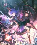  1girl ankle_boots bare_arms bare_shoulders black_gloves blue_eyes blue_hair boots breasts cowlick crystal dress expressionless floating gloves hair_between_eyes hair_ornament lace_trim mechanical_legs mikebosi multicolored_clothes outstretched_arms purple_wings shadowverse short_dress short_hair single_bare_leg small_breasts spinaria_(shadowverse) thighlet watermark wings 