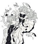  1boy 1girl bow bowtie brooch brother_and_sister closed_eyes coat dress greyscale halo happy head_wings highres honkai:_star_rail honkai_(series) jewelry long_hair long_sleeves medium_hair monochrome open_mouth origami_bird_(honkai:_star_rail) puffy_short_sleeves puffy_sleeves robin_(honkai:_star_rail) shoes short_sleeves siblings sidelocks simple_background smile socks spiked_halo sunday_(honkai:_star_rail) susuasa111 tassel very_long_hair vest wings 