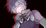  1boy absurdres bare_shoulders biseibutu corruption detached_sleeves evil_grin evil_smile gnosia grey_hair grin hair_between_eyes highres hood hoodie looking_at_viewer male_focus remnan_(gnosia) short_hair simple_background smile solo yellow_eyes 