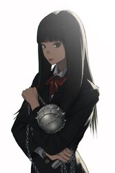  1girl absurdres ball_and_chain_(weapon) black_eyes black_hair blunt_bangs bow bowtie chain chain_around_arm gogo_yubari highres kill_bill long_hair long_sleeves looking_at_viewer red_bow red_bowtie school_uniform simple_background spiked_ball_and_chain upper_body wang-xi white_background yuubari_gogo 