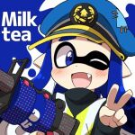 .96_gal_(splatoon) 1girl agent_3_(splatoon) blue_eyes blue_hair blush camouflage english_text eromame fang hat holding ink inkling inkling_girl inkling_player_character looking_at_viewer lowres nintendo one_eye_closed pointy_ears solo splatoon_(series) splatoon_1 squidbeak_splatoon tentacle_hair v vest yellow_vest
