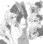  2girls ascot bandaid bandaid_on_head blush bow braid closed_eyes commentary_request crossed_bandaids detached_sleeves frilled_bow frilled_hair_tubes frills greyscale hair_bow hair_tubes hakurei_reimu heart highres kirisame_marisa kiss kiss_day kissing_forehead long_hair mero_(starfish_jcs) monochrome multiple_girls no_headwear one_eye_closed open_mouth ribbon-trimmed_sleeves ribbon_trim short_sleeves side_braid single_braid smile spoken_squiggle squiggle sweat touhou yuri 