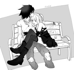  1boy 1girl amane_misa artist_name bags_under_eyes bare_shoulders bench black_dress black_hair black_sleeves black_thighhighs boots border breasts couple cropped_legs cross cross_necklace death_note detached_sleeves dress findoworld goth_fashion grey_background greyscale hair_between_eyes half_updo hetero highres jewelry l_(death_note) long_hair medium_breasts monochrome necklace pants shirt short_dress short_hair short_sleeves short_twintails sidelocks sitting sitting_on_lap sitting_on_person thigh-highs torn_clothes torn_pants twintails white_border white_shirt wristband yagami_light 