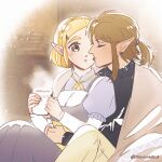  1boy 1girl black_sweater blonde_hair braid brown_hair closed_eyes crown_braid cup earrings green_eyes highres holding holding_cup hug jewelry licking licking_another&#039;s_face link parted_lips pointy_ears princess_zelda shared_blanket short_hair short_ponytail sidelocks sweater the_legend_of_zelda the_legend_of_zelda:_tears_of_the_kingdom wildstar69 